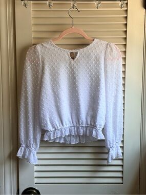Iz Byer White Swiss Dot Ruffle Hem Long Sleeve Blouse